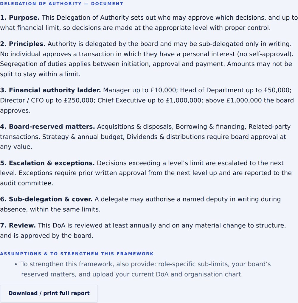 Delegation of Authority Builder full report, full-scope example