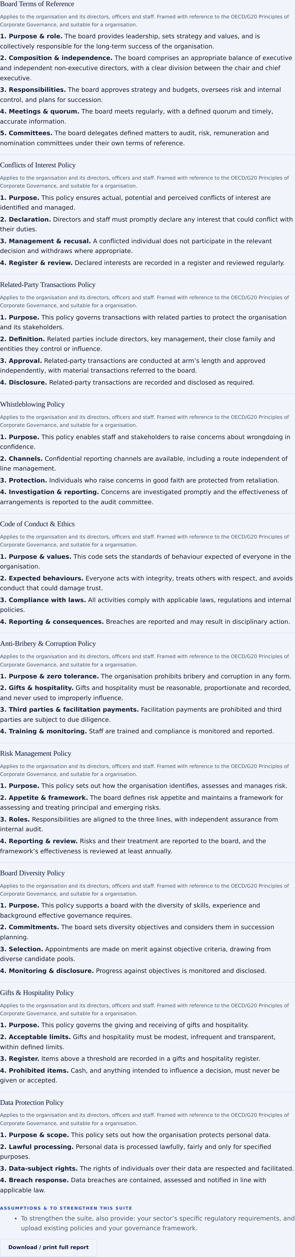 Governance Policy Generator full report, full-scope example
